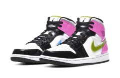 新款Air Jordan 1 Mid 黑白粉撞色漆皮鞋款